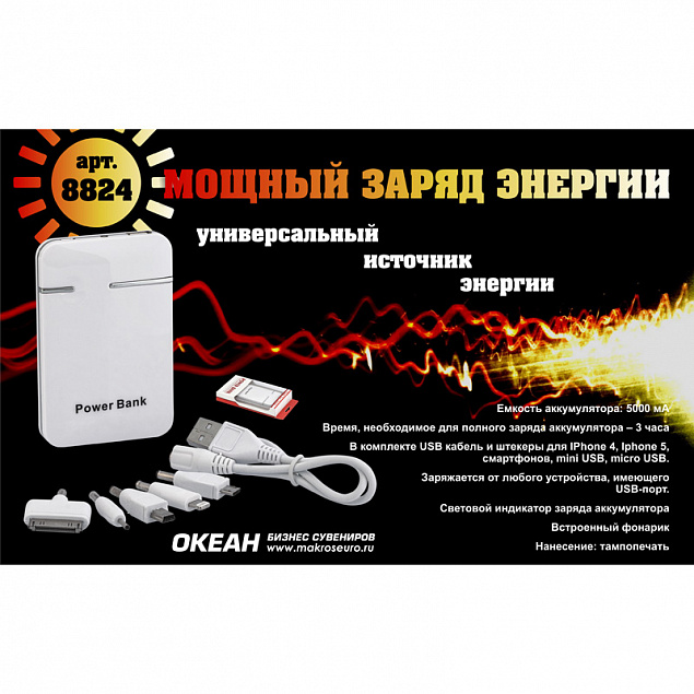Зарядное устройство "Кругосветка", 5000 mAh, белый с логотипом в Екатеринбурге заказать по выгодной цене в кибермаркете AvroraStore