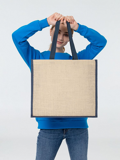 Холщовая сумка для покупок Bagari с синей отделкой с логотипом в Екатеринбурге заказать по выгодной цене в кибермаркете AvroraStore