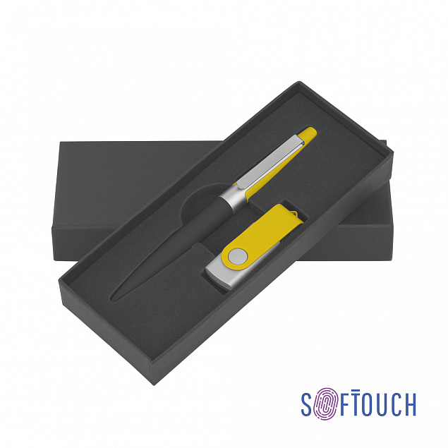 Набор ручка + флеш-карта 8 Гб в футляре, черный/желтый, покрытие soft touch # с логотипом в Екатеринбурге заказать по выгодной цене в кибермаркете AvroraStore