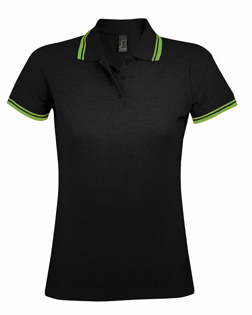 Рубашка поло женская PASADENA WOMEN 200 с контрастной отделкой, черная с зеленым с логотипом в Екатеринбурге заказать по выгодной цене в кибермаркете AvroraStore