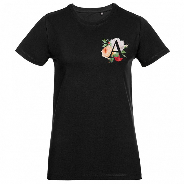 Футболка женская «Цветочная азбука: А», черная с логотипом в Екатеринбурге заказать по выгодной цене в кибермаркете AvroraStore