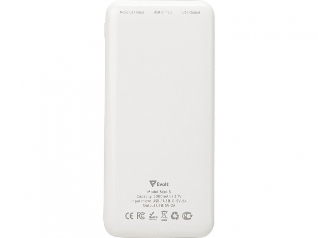 Внешний аккумулятор Evolt Mini-5, 5000 mAh, белый с логотипом в Екатеринбурге заказать по выгодной цене в кибермаркете AvroraStore