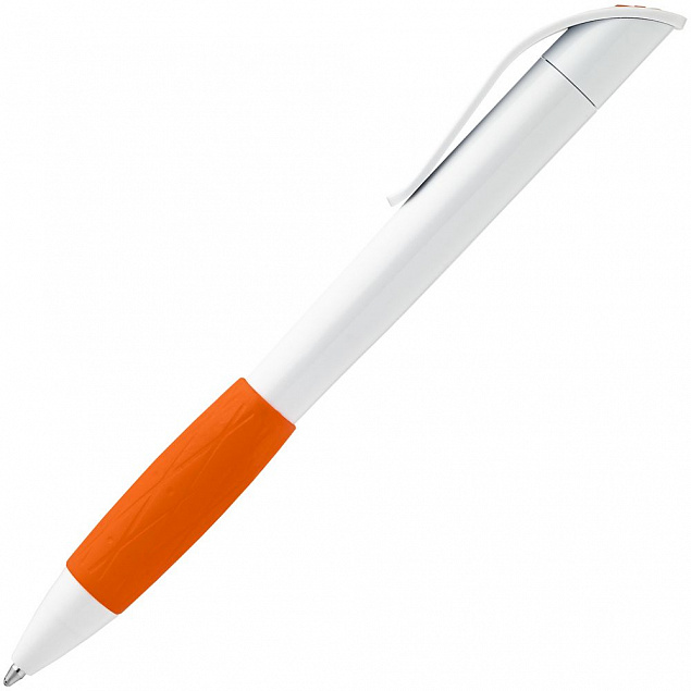 Ручка шариковая Grip, белая с оранжевым с логотипом в Екатеринбурге заказать по выгодной цене в кибермаркете AvroraStore