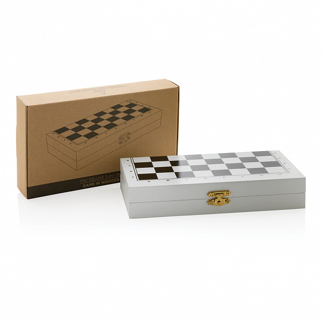 Набор настольных игр 3-в-1 в деревянной коробке FSC® с логотипом в Екатеринбурге заказать по выгодной цене в кибермаркете AvroraStore