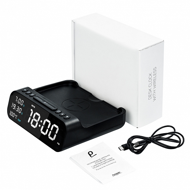 Настольные часы 6в1 с беспроводной зарядкой 10W, Orion, черный цвет с логотипом в Екатеринбурге заказать по выгодной цене в кибермаркете AvroraStore