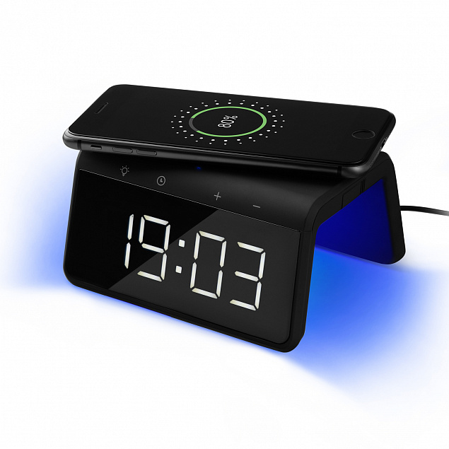 Настольные часы с беспроводной зарядкой 15W, Flame, черный цвет с логотипом в Екатеринбурге заказать по выгодной цене в кибермаркете AvroraStore