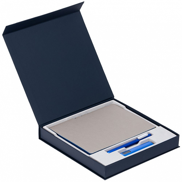 Коробка Memoria под ежедневник, аккумулятор и ручку, синяя с логотипом в Екатеринбурге заказать по выгодной цене в кибермаркете AvroraStore