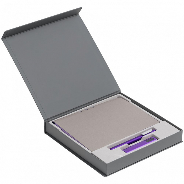 Коробка Memoria под ежедневник, аккумулятор и ручку, серая с логотипом в Екатеринбурге заказать по выгодной цене в кибермаркете AvroraStore
