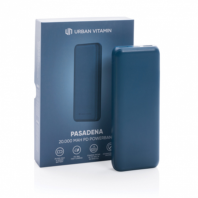 Внешний аккумулятор Urban Vitamin Pasadena с быстрой зарядкой PD, 18 Вт, 20000 мАч с логотипом в Екатеринбурге заказать по выгодной цене в кибермаркете AvroraStore